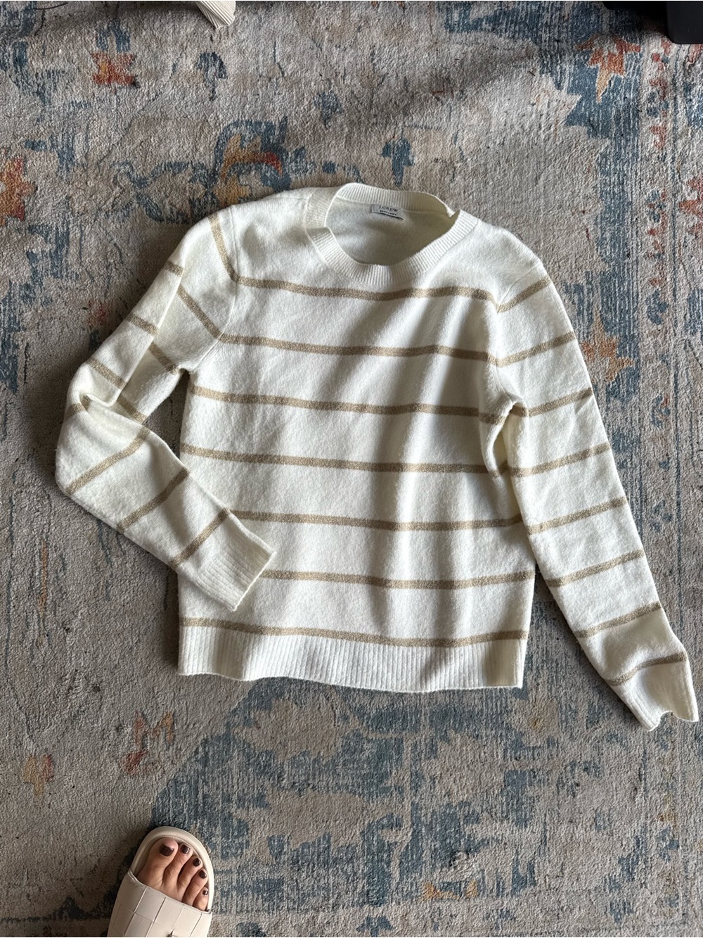 J Crew Cream and Tan Striped Crewneck Sweater - Women